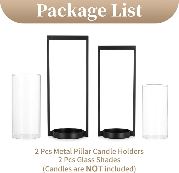 Sziqiqi Hurricane Candle Holder for Pillar: Black Modern Candle Holders for Table Centerpiece - Geometric Candle Stand Set of 2 with Glass for Living Room Fireplace Christmas Decor