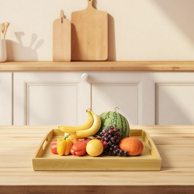 Set of 2 Bamboo Serving Tray with Handles, Decorative Wooden Tray for Breakfast, Dinner, Coffee Table - Portable Bamboo Tray for Ottoman, Kitchen, Living Room Bedroom, Outdoor Scenarios and More
