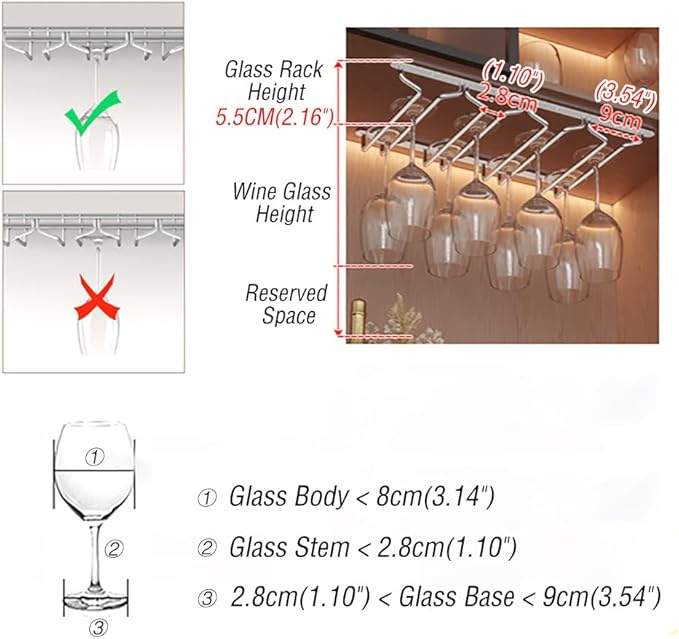 CAKERS Under Cabinet Hanging Stemware Display Rack|304 Stainless Steel Wine Glass Holder|Wine Glass Storage Organizer Hanger,2 Rows,30cm(11.8in)