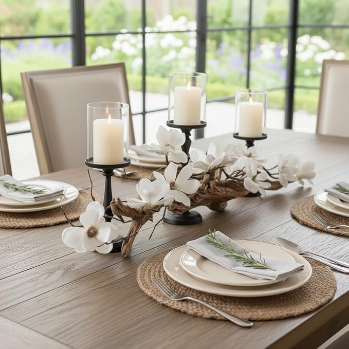 Modern Dining Table Centerpiece, Magnolia Driftwood Candle Holder Set Black