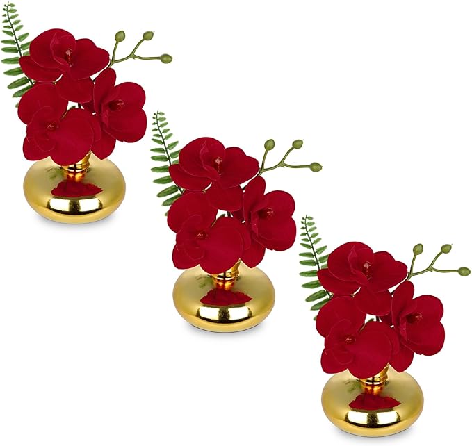 Oairse Red Orchids Artificial Flowers Faux Orchids Arrangement in Gold Glass Vases Set of 3 Real Touch Phalaenopsis Orchid Flowers Small Fake Orchid Centerpiece for Dining Room Table