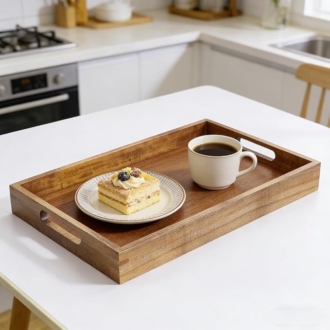 2 Pack Acacia Wood Serving Trays with Handles Rectangular Large Wooden Tray for Ottoman Coffee Table Decorative Trays for Living Room Bedroom Entryway Kitchen Home Decor