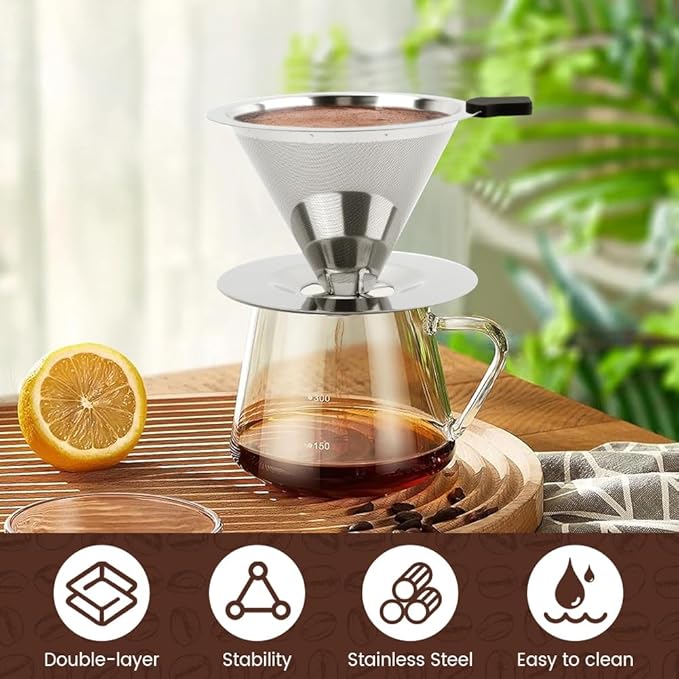 Pour Over Coffee Dripper With Cleaning Brush,Upgraded Double Micro Mesh Filter with Cup Stand,Stainless Steel Coffee Filter,Reusable Coffee Filter,Pour Over Coffee Maker(1-2cup)
