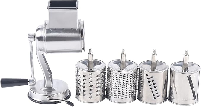 5-in-1 Rotary Cheese Grater Hand Drum Slicer Manual Cheese Shredder Multi-function Stainless Steel Vegetable Chopper Cutter with 5 Blades for Fruit Potato Cucumber Lemon Nut, Silver(Type1)