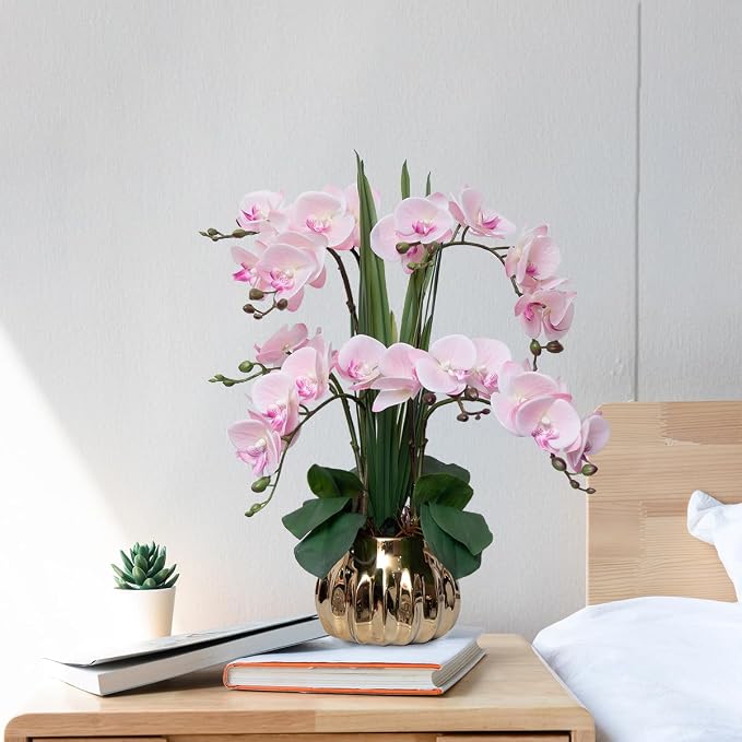 CXGS Artificial Orchid Flower Real Touch Faux Orchids in Ceramic Vase Large 22.9'' Fake Flowers Pink Phalaenopsis Floral for Home Indoor Decor