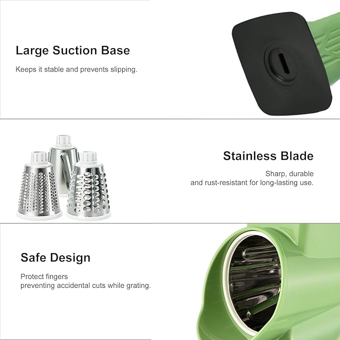 Rotary Cheese Grater Shredder Slicer - 3-in-1 Handheld Crank with Food Pusher for Hard Cheese, Vegetables, Chocolate - Ergonomic Hand Crank, Dishwasher Safe Green White