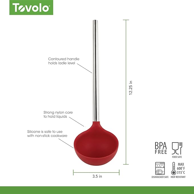 Tovolo Silicone Ladle With Stainless Steel Handle Deep Soup Ladle for Cooking Canning Serving Soup Punch Stew Sauce, Large Kitchen Utensil Spoon Dishwasher Safe BPA Free Silicone Cayenne Red