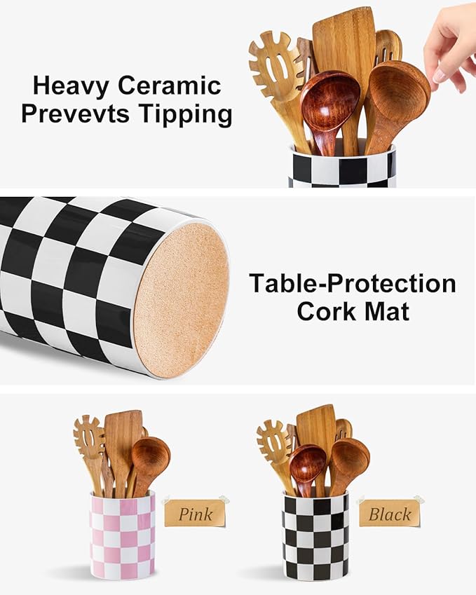 Kitchen Utensil Holder, 6.3 Inch Checkered Ceramic Cooking Utensil Holder Modern Utensil Crocks for Kitchen Counter-Farmhouse, Housewarming Gift, Decor and Accessories (Black, 6.3 Inch)