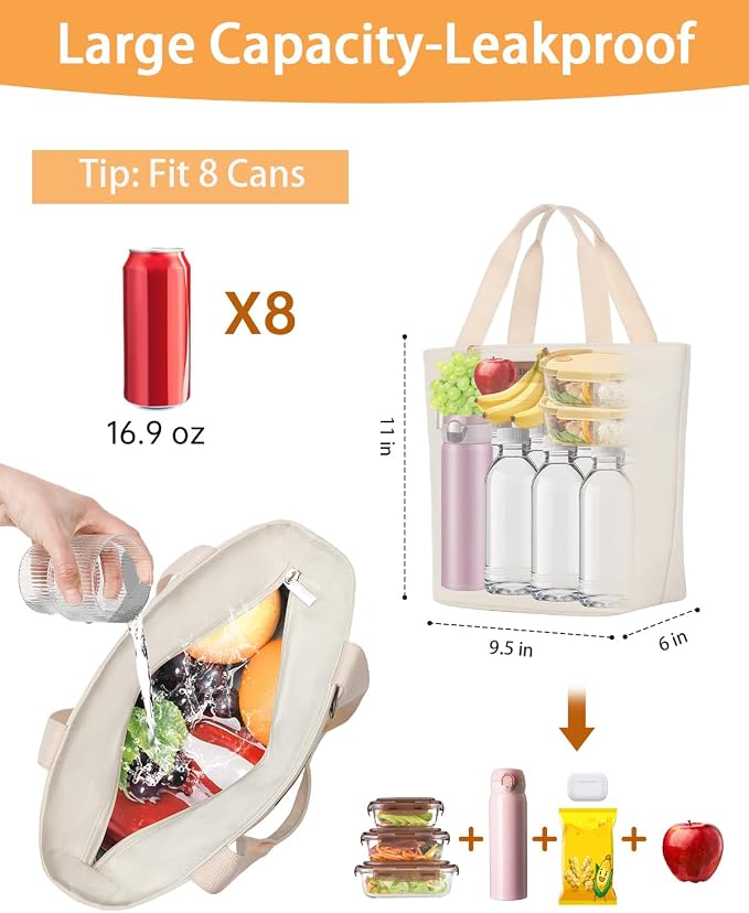 GLENKEY Insulated Lunch Bag Tote Lunch Box - Large Leakproof Cooler Bags for Adults - Soft Lunchbox for Women Work Shift Outdoor Travel Beige 8L
