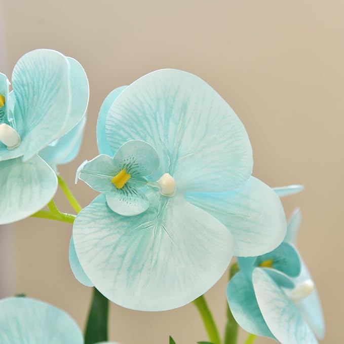 Artificial Real Touch Orchid Flowers in Pot Fake Phalaenopsis Flower with White Ceramic Vase Faux Orchids Arrangement for Home Table Office Wedding Party Decoration (Golden Blue)