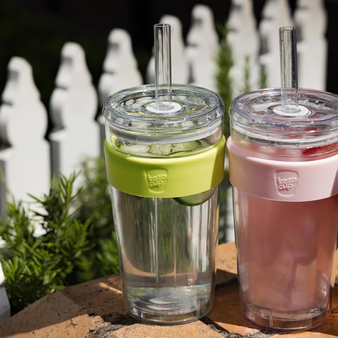 KeepCup Cold Cup - Longplay Double wall Glass Ice Coffee Tumbler with Lid and Straw - 16oz (454ml) - Chartreuse Green