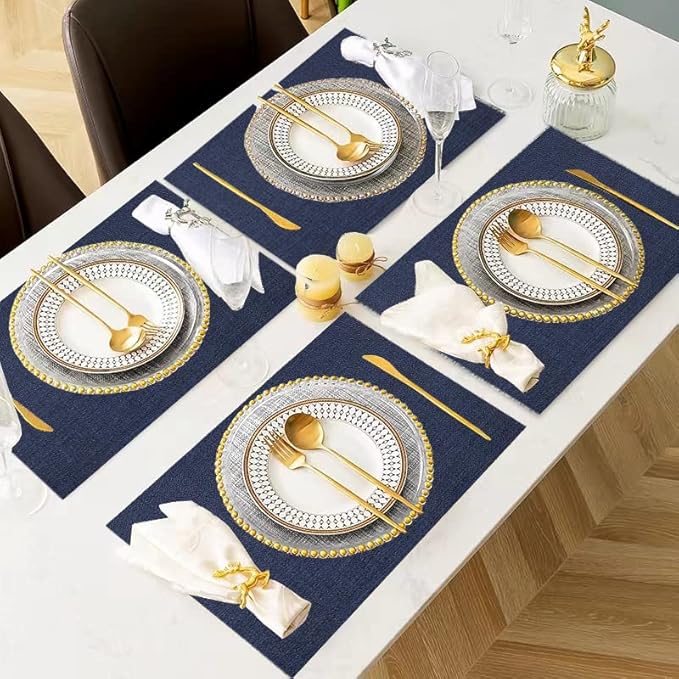 DACHUI Placemats Set of 6, Linen Look Woven Place Mats, Water Resistant, Heat Resistant, Washable, Durable Table Mats (Navy Blue)