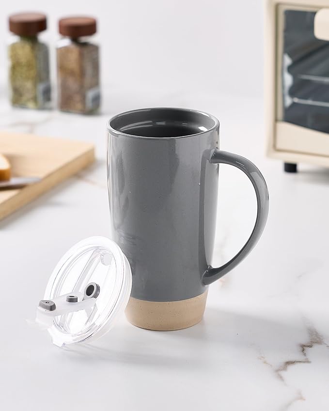famiware Milkyway Coffee Mugs, 20oz Large Coffee Mug, Ceramic Mug Set of 2 with Lid, Cup Set with Handle for Latte, Tea, Cocoa, Milk, Home & Office, White and Dark Gray
