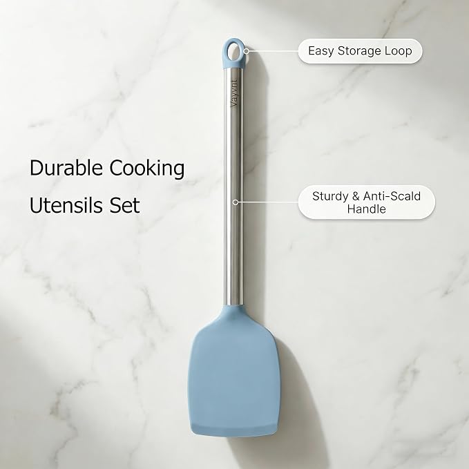 Vayvnt Silicone Cooking Utensils Set, Heat Resistant Spatula Spoon, Blue | 4PCS, Kitchen Utensils for Non Stick Cookware, Hanging Hole, Easy Cleaning Cooking Tools, Metal Long Handle, Dishwasher Safe