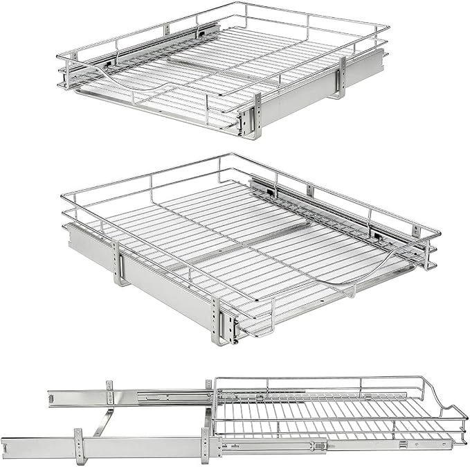 DINDON 1 Tier Pull Out Cabinet Organizer (11" W x 21" D) Heavy-Duty Metal Sliding Drawer Shelf, Slide Out Wire Basket for Kitchen Cabinets, Pantry, Bathroom, Chrome Finish…