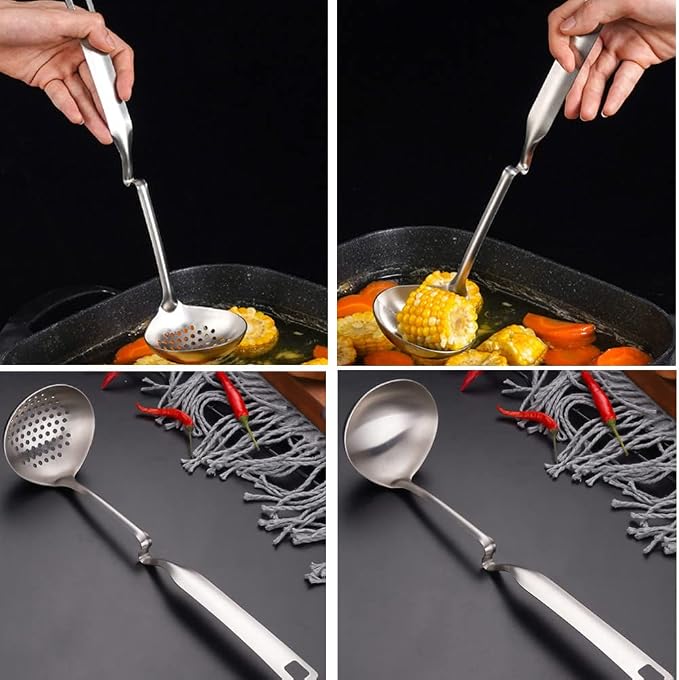 2 Pack Hot Pot Soup Ladle Spoon Slotted Spoons with S Shape Hanging Handle, 304 Stainless Steel Skimmer Spoon Ladles Strainer for Cooking