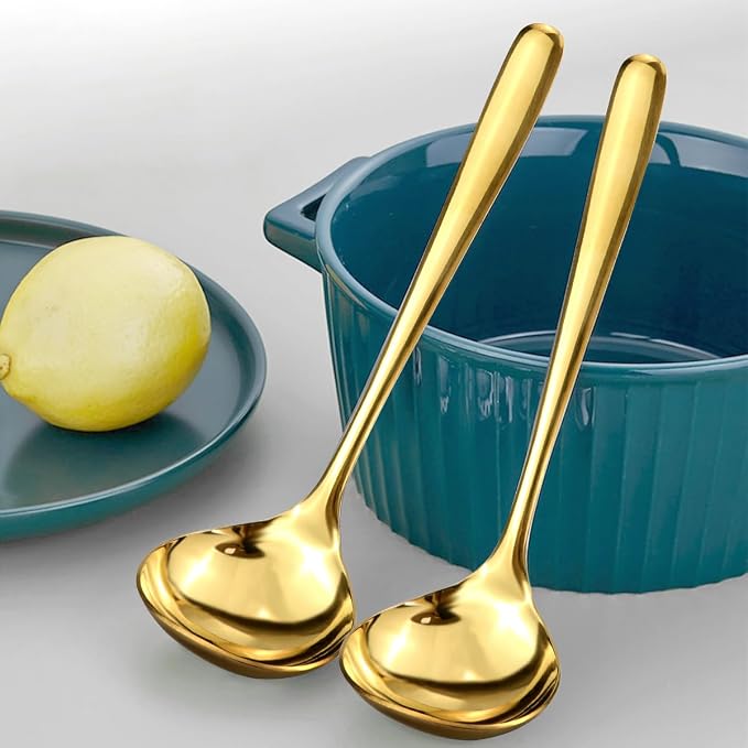 DOERDO 2Pack Stainless Steel Soup Spoons Small Ladle for Sauce Kitchen Table Serving Spoons, Gold, 7.5x2.3 Inch