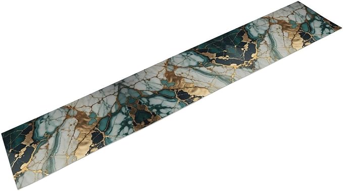 Marble Table Runner, Abstract Green and Gold Modern Luxury Texture Printed Linen Table Runners for Home Farmhouse Kitchen Dining Room Party Holiday Decor 13" W x 90" L