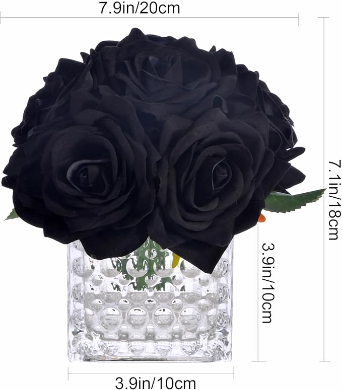 Fule Artificial Silk Rose Flower Centerpiece Arrangement in Glass Vase with LED Light for Home Wedding Decoration (Black)