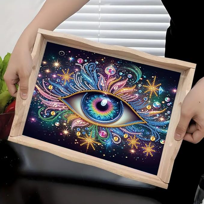 DIY Diamond Serving Tray Diamond Art Painting Creative Design Handmade Wooden Tray Dinner Plate for Coffee Breakfast Home Organizer-Eye
