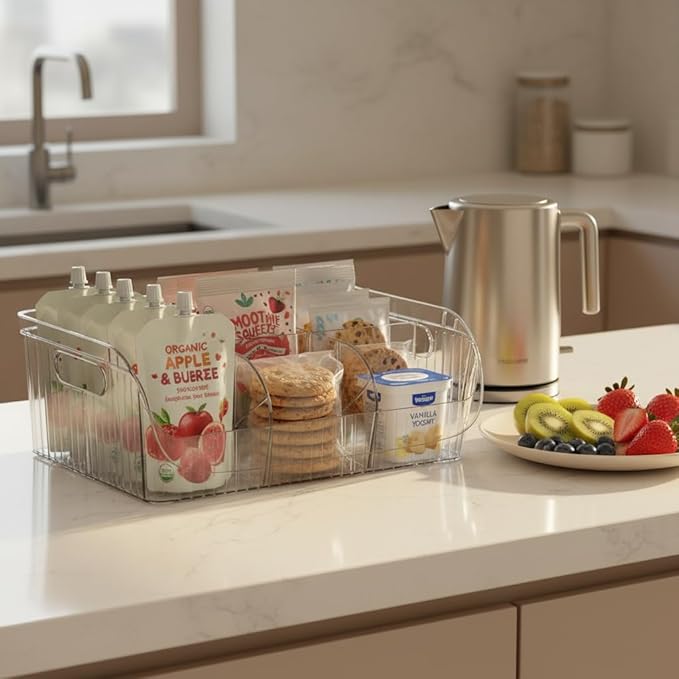 Large Snack Organizer for Countertop, 13.7"×9.3"×6" Clear Plastic Snack Storage Bin for Kitchen Pantry, 6 Compartment Snack Bar with Dividers for Cabinet, Chip Packet Holder for Office