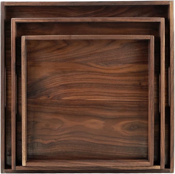 Set of 3 Large Square Solid Black Walnut Wood Ottoman Tray with Handles, Serve Tea, Coffee, Classic Wooden Decorative Serving Tray, 16+14+12