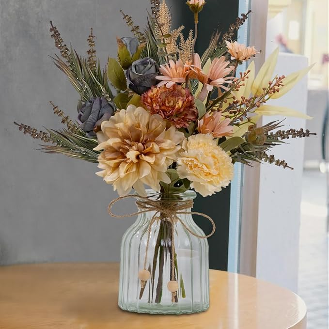 LESING Dahlia Flower Aritificial Flower with Vase Fake Silk Flowers in Glass Vase Faux Rose Flowers Arrangement for Home Office Table Centerpiece Decoration (Coffee)