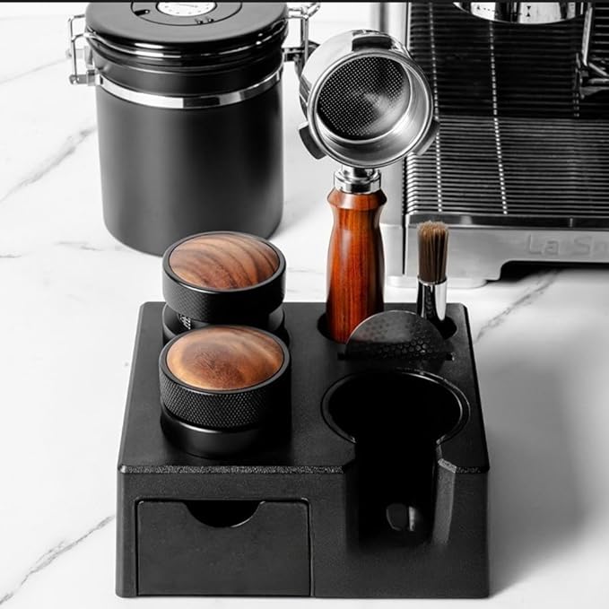 Espresso Tamping Station with Drawer, Coffee Tamper Holder Base for 51/54/58MM Espresso Tamper Portafilters with 6 Needles Espresso Coffee Stirrer and Brush (Black)