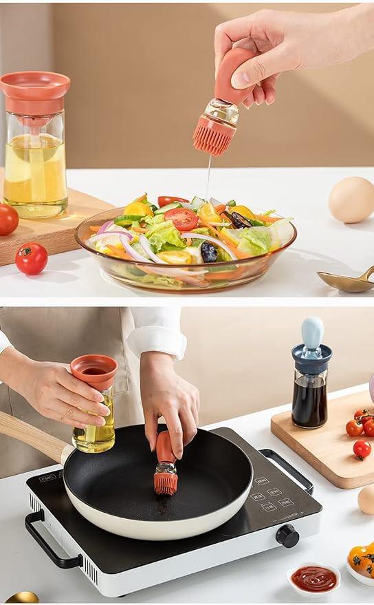 Oil Dispenser with Brush - 3 Pack Glass 2 IN 1 Oil Dispensing Bottle with Basting Brush for Cooking Frying Baking Kitchen, 180ml, T-OB21 Blue+Green+Red