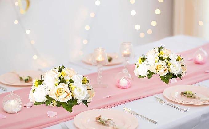 Flower Balls Wedding Rose Centerpieces: 10pcs Fake Flowers Decor for Table | Artificial Champagne White Kissing Balls Floral Arrangements - Faux Flower Bouquet with Base Home Party DIY Decorations