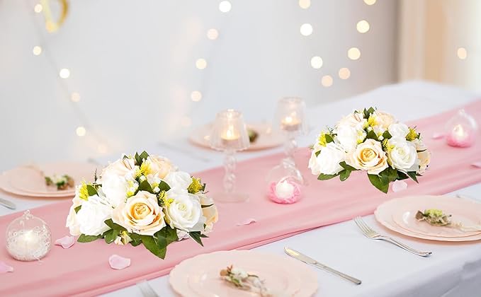 Flower Balls Wedding Flower Centerpieces: 6 Pcs Fake Roses with Base Table | Champagne White Artificial Floral Arrangements Decorations - Faux Silk Kissing Flower Bouquet of Roses Home Party DIY Decor