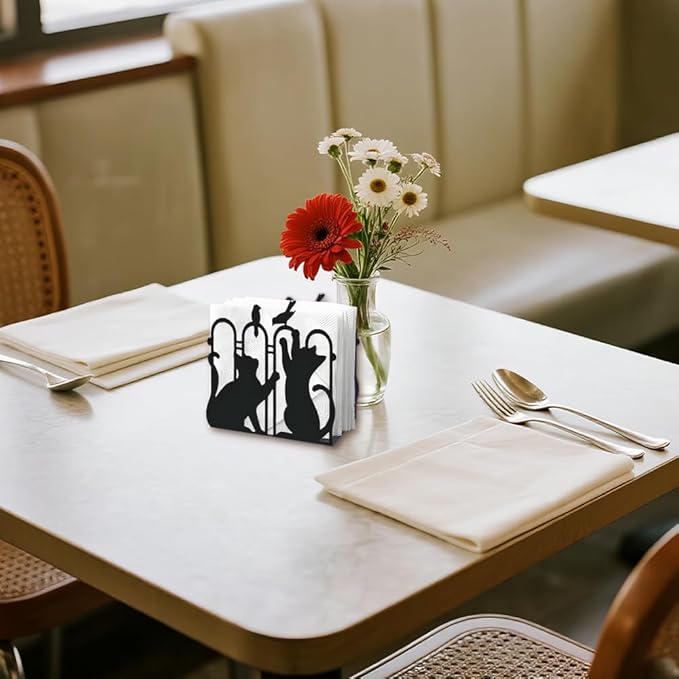 Cat Playing Decorative Black Metal Napkin Holder for Table, 4.9" x 4.7" x 1.9" Cute Kitty Animal Standing Napkin Holder for Home Kitchen Restaurant Picnic Party Coffee Bar Dining Room