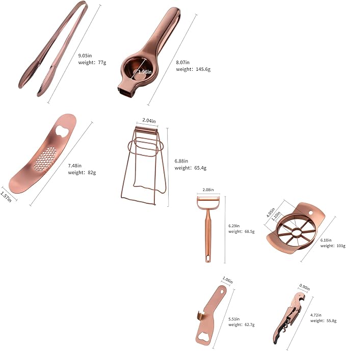 Rose Gold Garlic Press Bottler Wine Opener Measuring Spoons Lemon Squeezer Vegetable Peeler Apple Cutter Kitchen Tongs Hot Plate Gripper Ice Tongs Kitchen Accessories Tools Set, Dish Washer Safe