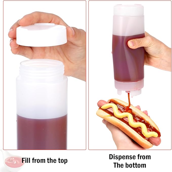 Lemecima 4 Pcs Squeeze Bottles Refillable 20 oz, Inverted Plastic Tip Large Valve Dispenser Condiment Squeeze Bottle for Sauces Ketchup Sour Cream Self Sealing Syrup Dispenser for Restaurants