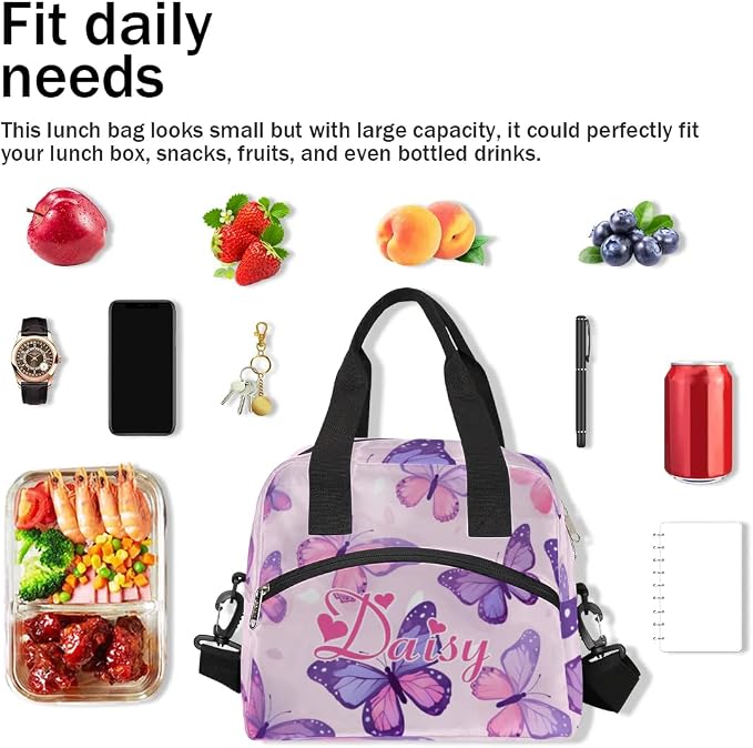 Personalized Butterfly Lunch-Bag for Women, Custom Insulated Cooler Lunch Box with Name, Leakproof-Reusable Lunch Tote Bag for Work Office Picnic - Pink Purple 2