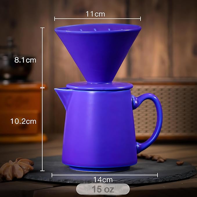 Ceramic Pour Over Coffee Dripper Vintage, Pour Over Coffee Maker Set, Filter Cup, Coffee Brewer Cone Filter, V60 Dripper & Decanter set, for Home Café Restaurant, 1-2 Cup (Sapphire Blue)