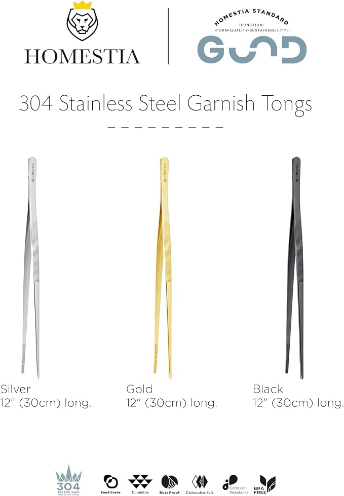 Homestia 12" Kitchen Tweezers Fine Tweezer Tongs, Extra-Long 304 Stainless Steel Cooking Tweezers, Multi-function Metal Tongs with Precision Serrated Tips for Chef, Cocktail, Serving Food, BBQ Gold