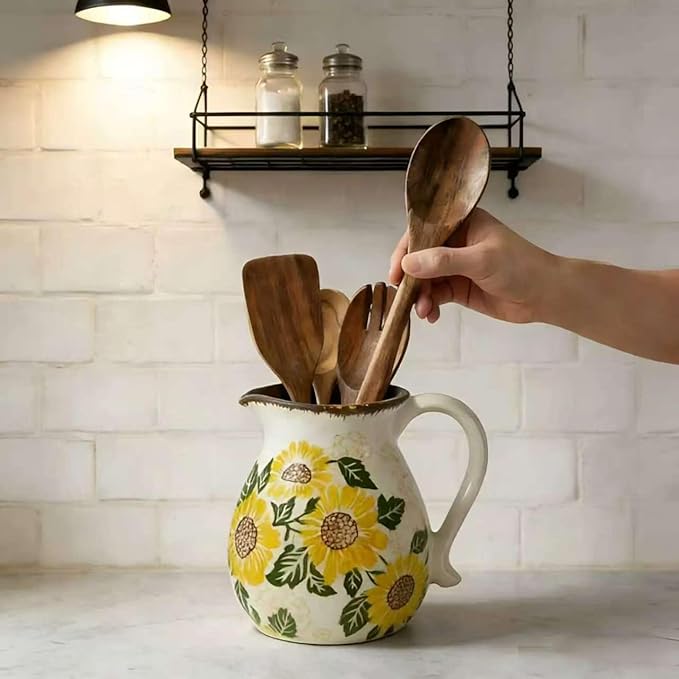 Rustic Ceramic Kitchen Utensil Holder, 6.1" Modern Farmhouse Cooking Utensil Holder for Kitchen Counter, Vintage Ceramic Utensil Organizer for Home Decor Floral Spoon Spatula Gift(Sunflower)