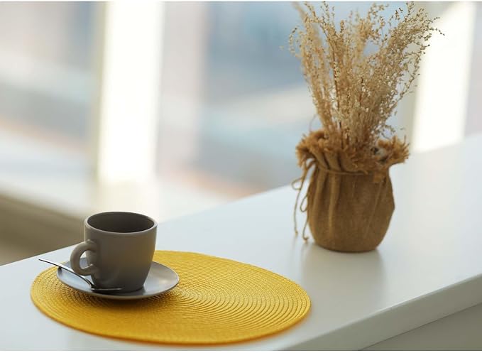 FunWheat Round Braided Placemats Set of 8 Place Mats for Dining Tables Woven Washable Non-Slip Table mats Small 13 inch(S Yellow, 8pcs)