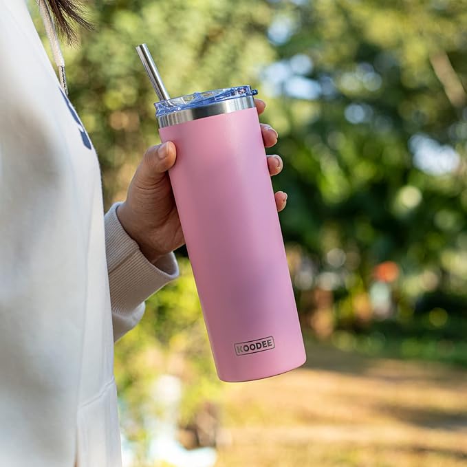 koodee 20 oz Skinny Tumblers (4 Pack) Stainless Steel Insulated Tumbler with Lids, Straws and Straw Brushes(Teal/Pink/Black/White)