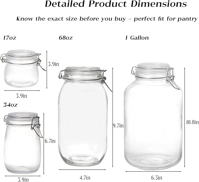BJONKZ 3 Pack 68 oz Glass Jars with Airtight Lids – Food Storage Containers with Preserving Seal Wire Clip Fatening, Glass Canisters for Kitchen Canning Flour, Cereal, Sugar, Beans (68oz*3)