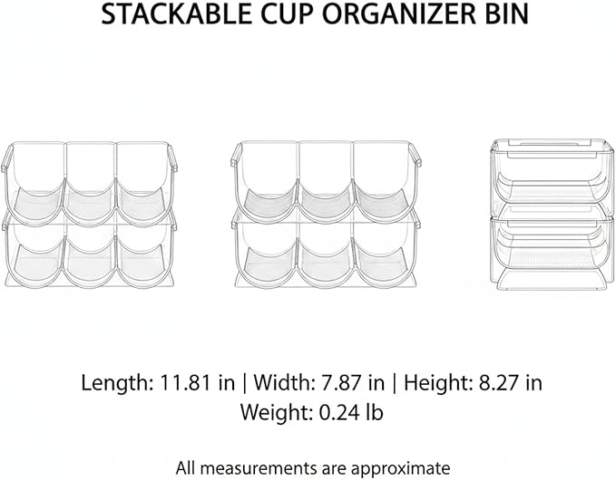 Stackable Cup Organizer Bin, Clear PP Plastic Vertical Storage Container for Kitchen Cabinet and Pantry (1 PC)