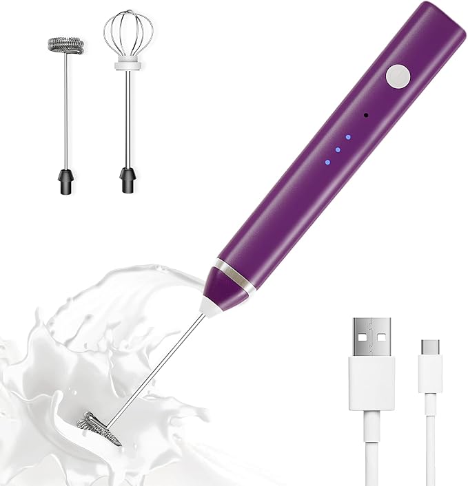 Milk Frother Rechargeable Handheld Electric Whisk Coffee Frother Mixer with 3 Stainless whisks 3 Speed Adjustable Foam Maker Blender for Coffee Matcha Latte Cappuccino Hot Chocolate(Purple)