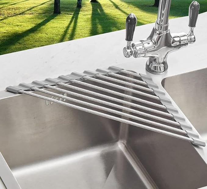 Over the Sink Dish Drying Rack Roll Up and Triangle for Kitchen Corner Drainer Mat Foldable Stainless Steel (Triangle), Silver