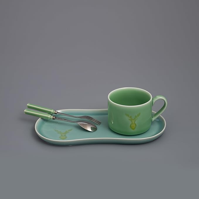 Longquan UNESCO Heritage Celadon Coffee Set Double-Glazed – Handcrafted Song Dynasty, Sky Blue & Plum Green Glaze, 310ml 4-Piece Set with Spoon & Fork, Gift Box (1, BLUE)