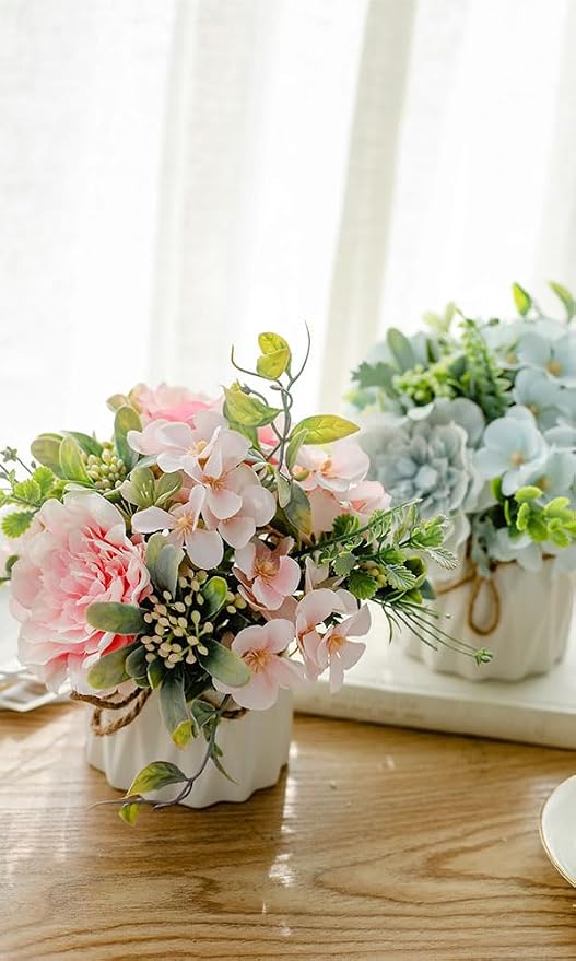 TKAS Fake Flowers Arrangement in Ceramic Vase, Artificial Faux Silk Roses & Hydrangea, Small Realistic Dried-Style Floral Dining Table Centerpiece for Wedding Party Home Decoration (Pink)