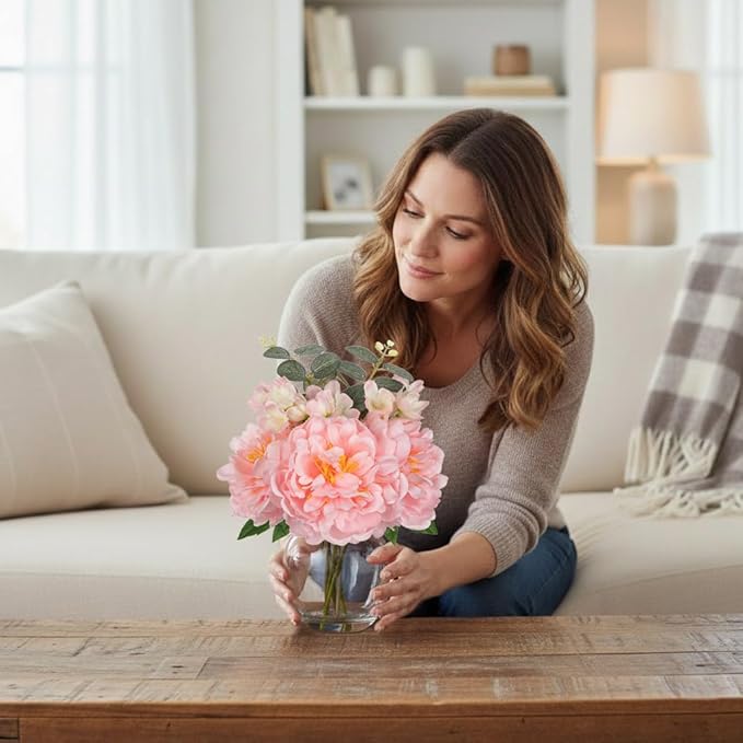 Hollyone Pink Peonies Artificial Flowers Peony Fake Flowers in Vase Silk Flower Arrangements with Glass Vase with Faux Water for Home Decor Bathroom Coffee Table Centerpiece Shelf Decorations