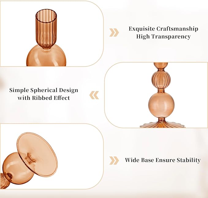 Glasseam Candle Sticks Holder Decor: Amber Glass Candle Holders Set of 3 Modern CandleHolders for Taper Candlesticks Unique Fall Candle Holders for Halloween Centerpiece Table Decor Thanksgiving