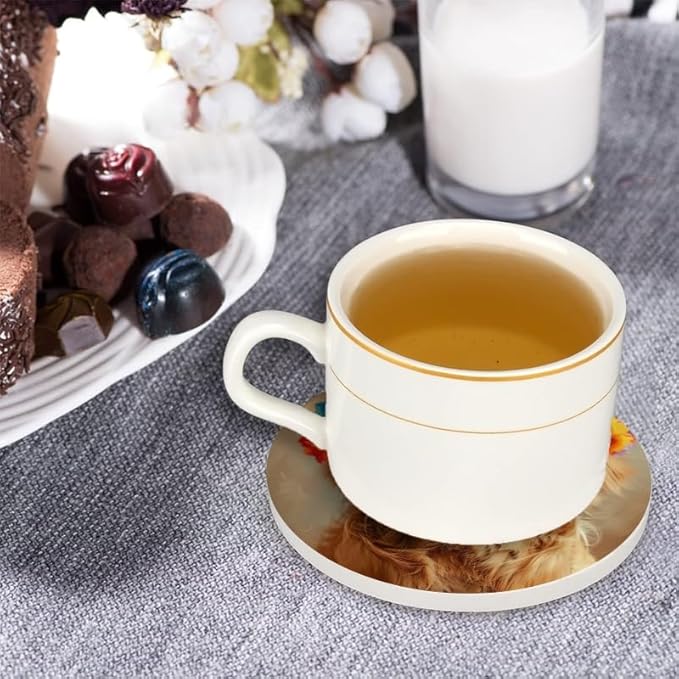 1 Pcs Coffee Cup Coasters for Drinks, Smiling Golden Retriever with Colorful Flower Round Absorbent Non-Slip Ceramic Stone Cork Coasters for Kitchen Office Decoration Bar (4 * 4 Inch)