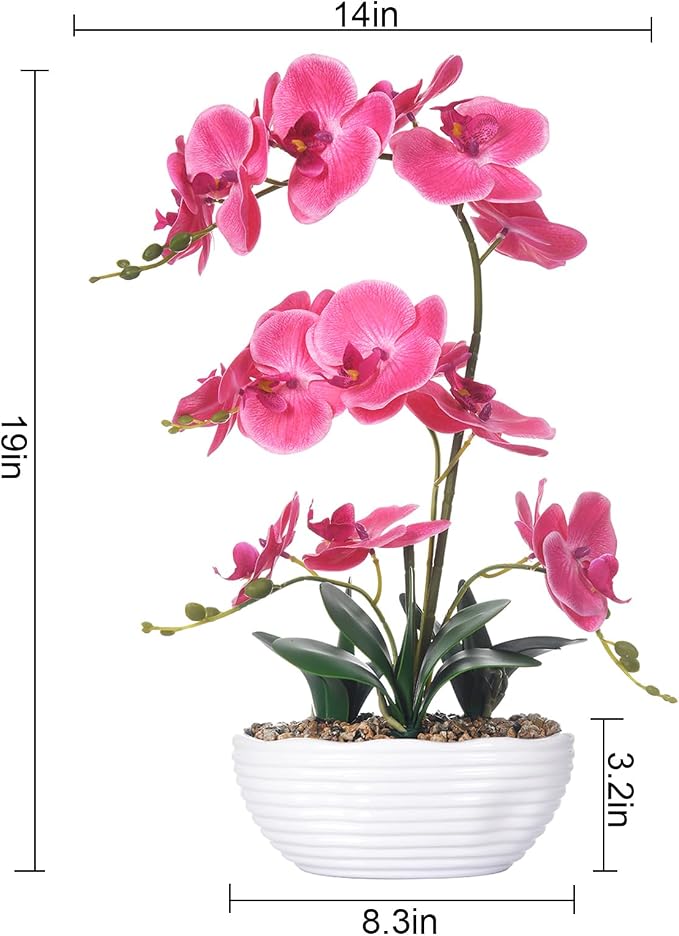 19" H Phalaenopsis Faux Orchid Plant Silk Orchid Centerpiece Artificial Floral Arrangement in Ceramic Pot (Rose Red)